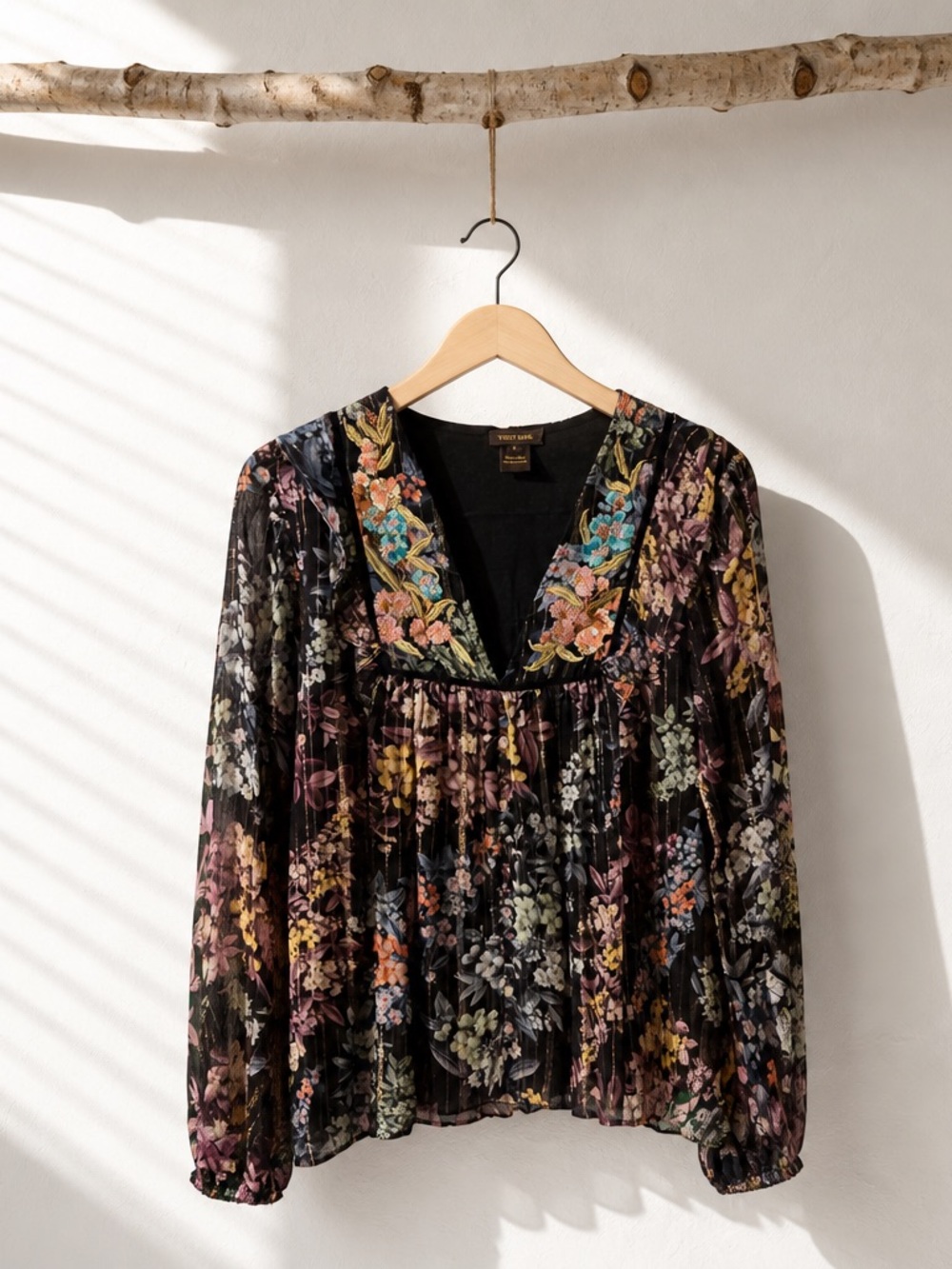 Floral V-Neck Long-Sleeve Blouse - Black Multi